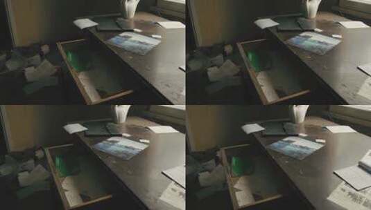 布满灰尘和纸张的桌子高清在线视频素材下载
