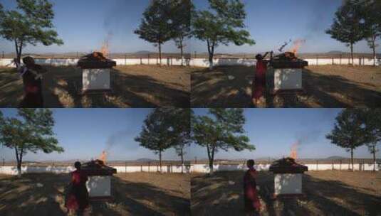 僧侣进行火仪式的广角镜头高清在线视频素材下载