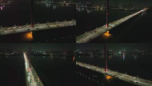 杭州钱塘江桥梁夜景航拍高清在线视频素材下载