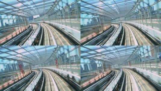 高速倒退的铁轨和现代城市建筑高清在线视频素材下载