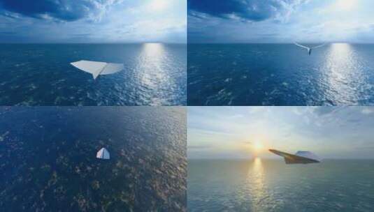 4K 纸飞机迎着太阳飞过海洋高清在线视频素材下载