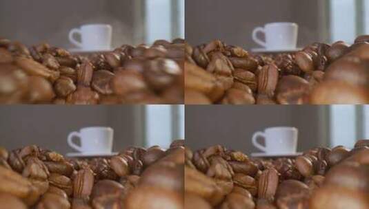 咖啡豆后面的咖啡杯高清在线视频素材下载