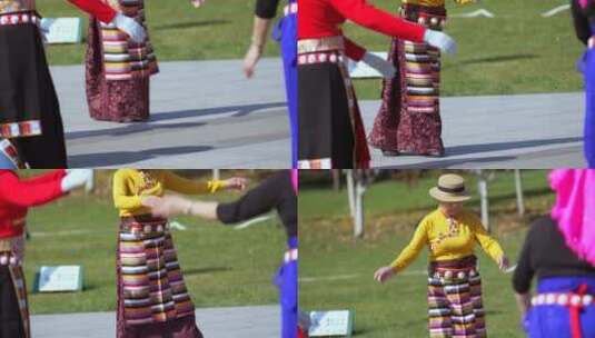 4k升格实拍秋天跳藏族舞蹈的中老年人高清在线视频素材下载