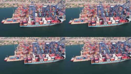 航拍商业港口与集装箱货轮高清在线视频素材下载