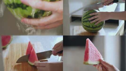 夏天洗西瓜切西瓜吃4k视频素材带原声高清在线视频素材下载