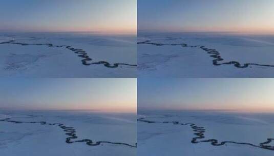 航拍内蒙古雪原蜿蜒冰河暮色高清在线视频素材下载