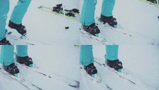 人在滑雪前系好滑雪靴高清在线视频素材下载
