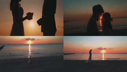 海边婚礼夕阳沙滩散步唯美剪影高清在线视频素材下载