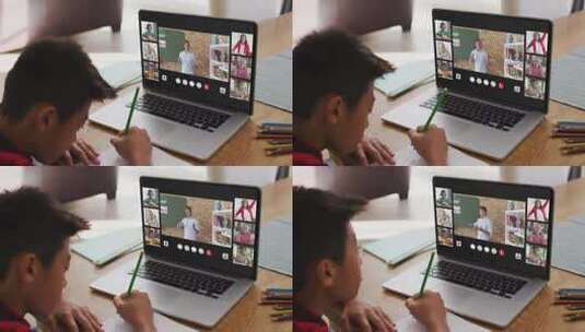男孩在家使用笔记本电脑学习高清在线视频素材下载