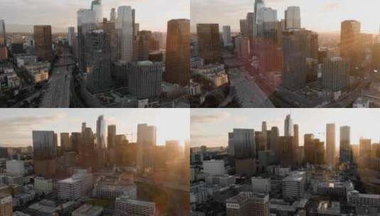 城市航拍加州洛杉矶日出摩天大楼汽车车流高清在线视频素材下载