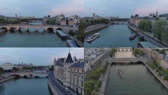 城市航拍巴黎塞纳河畔游艇桥汽车古典建筑高清在线视频素材下载