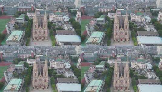 广州石圣心大教堂航拍高清在线视频素材下载