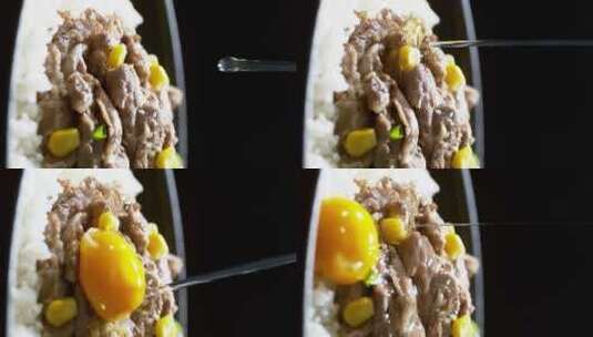 芬腾高速机1000fps之鸡蛋打入牛肉饭高清在线视频素材下载