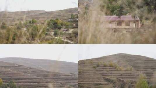 黄土高原荒凉的大山房屋空镜高清在线视频素材下载