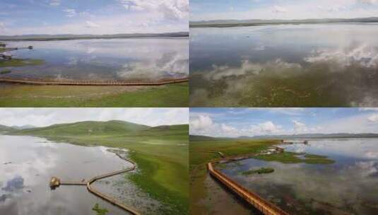 尕海湖泊飞鸟栈道航拍高清在线视频素材下载