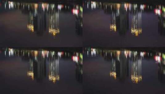 夜晚水面建筑倒影城市风光江滨湖面美景风景高清在线视频素材下载
