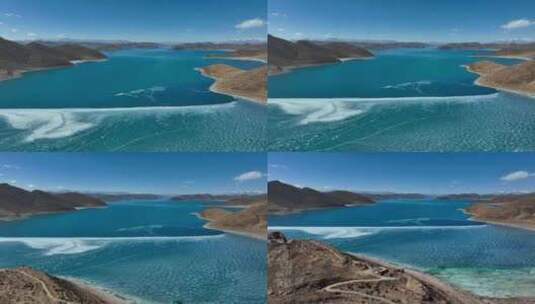 航拍西藏山南羊湖羊卓雍措蓝冰风光高清在线视频素材下载
