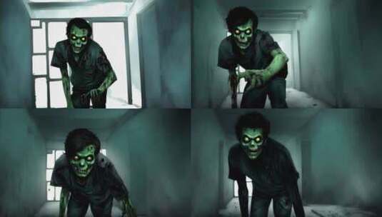 一个恐怖的僵尸在黑暗的走廊里行走高清在线视频素材下载