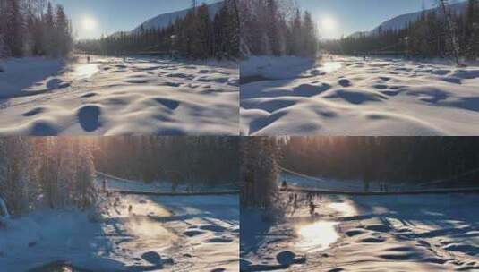阿勒泰禾木冬季冰雪河流航拍自然户外风景高清在线视频素材下载