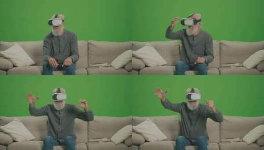 绿屏一个戴着VR眼镜的老人检查周围的一切高清在线视频素材下载