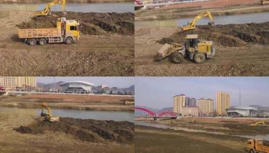 挖掘机河道疏浚 河道治理 河道施工作业高清在线视频素材下载