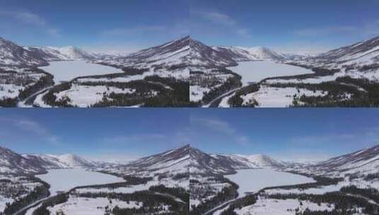 航拍新疆冬季喀纳斯河流晨雾雪山森林雪景高清在线视频素材下载