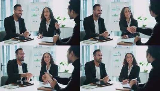 会议，握手或在办公室的人欢迎，财务建议或高清在线视频素材下载