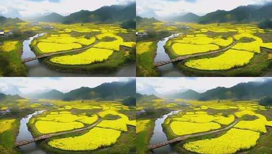 油菜花海田园风光青山绿水河流乡村田野风景高清在线视频素材下载