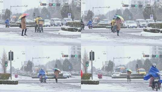 雪天路上行人高清在线视频素材下载