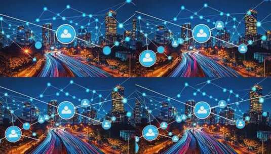 城市夜景与网络科技元素融合高清在线视频素材下载