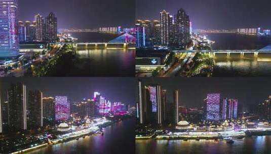长沙渔人码头江景灯光秀航拍高清在线视频素材下载