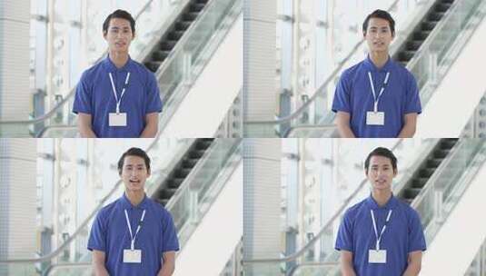 エスカレーターの近笑男性介士高清在线视频素材下载