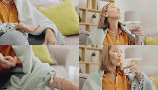 女性在家中手持水杯仰头吃药高清在线视频素材下载