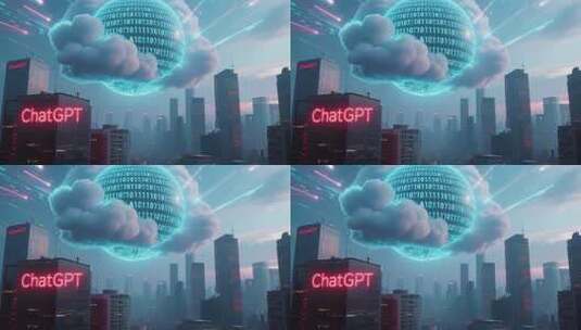 城市上空的科技感数据云球高清在线视频素材下载