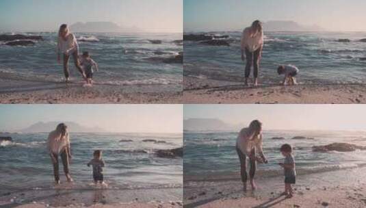 一位母亲和孩子在海边玩耍高清在线视频素材下载