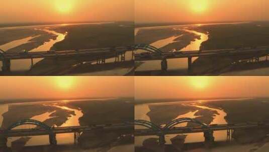 航拍高速公路大桥夕阳高清在线视频素材下载