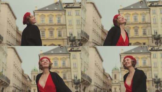 戴着红色贝雷帽的女人高兴地走在街上高清在线视频素材下载