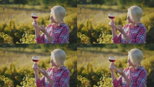 女人在葡萄园品尝葡萄酒高清在线视频素材下载