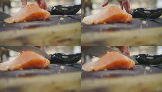刀切三文鱼食物高清在线视频素材下载