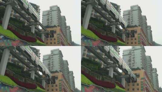 重庆李子坝站轻轨穿楼镜头拉近高清在线视频素材下载