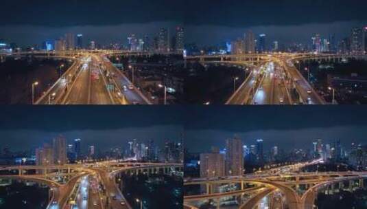 上海延安路立交车流夜景航拍高清在线视频素材下载