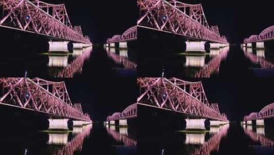 两座跨江大铁桥璀璨夜景灯光秀高清在线视频素材下载