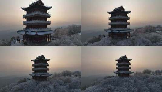 航拍焦作云台山峰林峡山脉冬季雾凇雪景高清在线视频素材下载