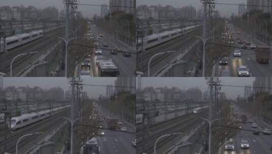 早日的火车和车流高清在线视频素材下载