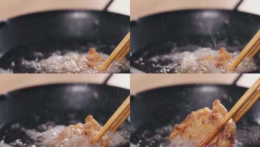 【正版素材】虾肉入油锅微俯近景固定高清在线视频素材下载