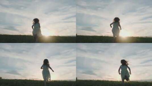 小女孩向着夕阳奔跑高清在线视频素材下载