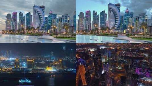 卡塔尔首都多哈城市夜景延时摄影航拍mp4高清在线视频素材下载