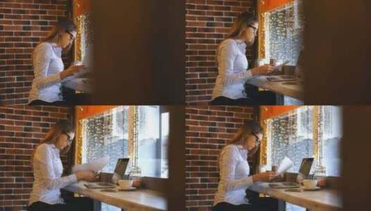 女职员在咖啡馆办公高清在线视频素材下载