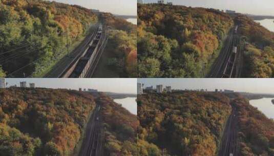 无人机视角下的火车高清在线视频素材下载