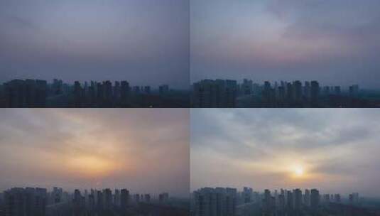 城市建筑天际线夜晚到清晨日出雾霾云雾高清在线视频素材下载